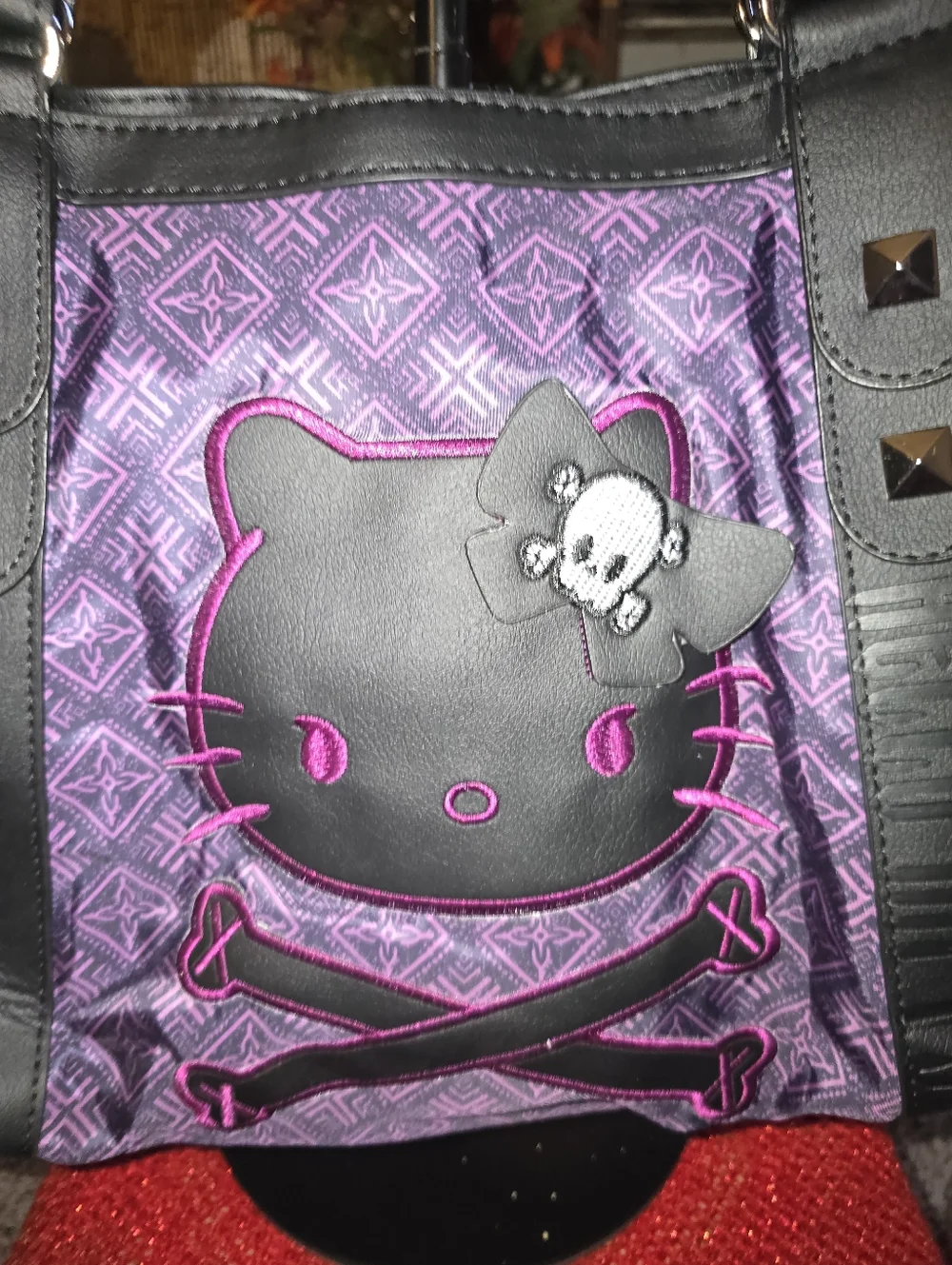 Purple/Black/Pink Skull Kitty Tote Bag with Studded Straps - Picture 2 of 15